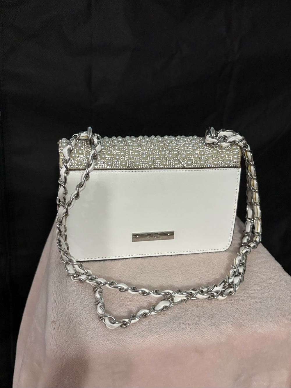 LOW START ALDO Pearl-Embellished Cream Crossbody Bag with Silver Chain - Picture 11 of 14